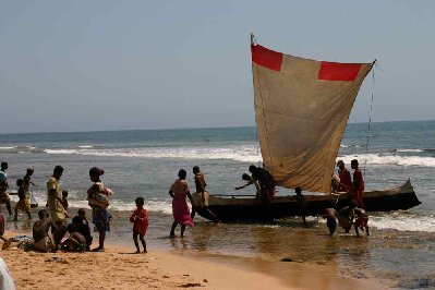 tout le village attend le retour des bateaux de pêche